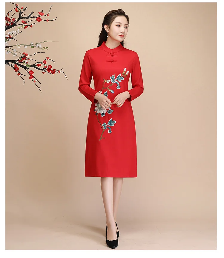 B0652 этнический стиль вышитые Cheongsam женские Ранняя весна стоячий воротник лягушка с длинным рукавом тонкое платье
