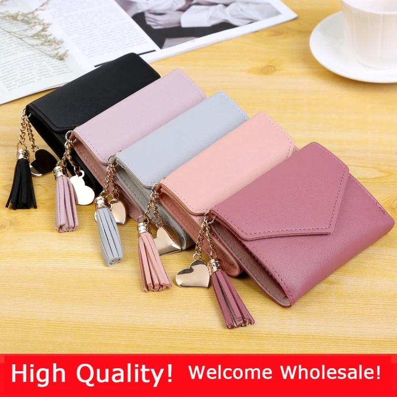 Cartera cuero con borlas para mujer, pequeña de marca famosa, monedero corto con cremallera, venta al por AliExpress