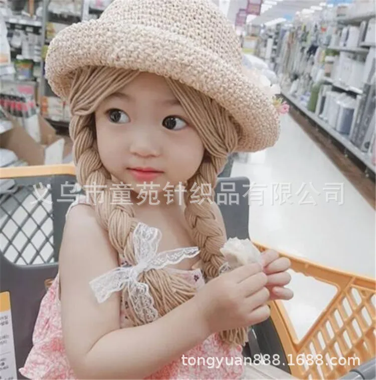 Spring Summer Baby Kids Girl Sun Block Hat Beach Hair Pigtail Braid Wig Cap Children Girls Flower Straw Hat Cap New Arrivals