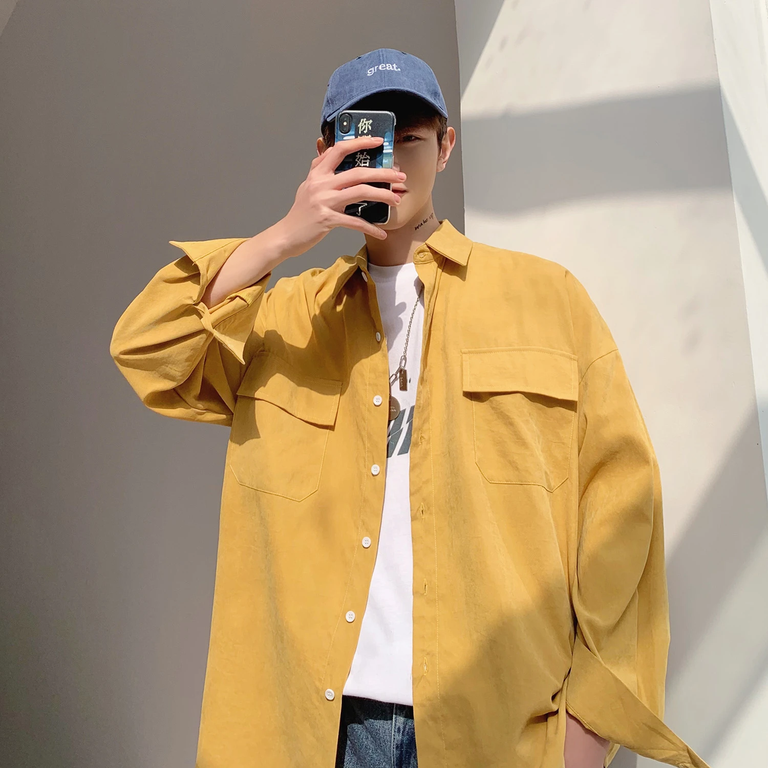 wallpapers Summer Yellow Shirt Outfit Men spring loose yellow men shirt casual summer korea oversize thin blue fashion streetwear white long sleeve solid men shirt b50
