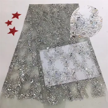 

red 2019 African French net lace fabric with bamboo embroidery and shining long sequins for party dress