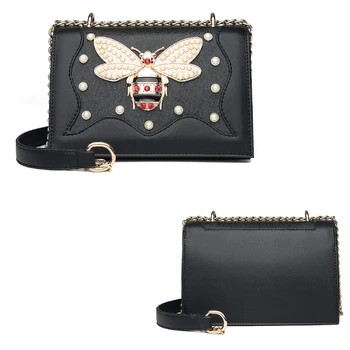 

New Black/Beige/Red Women’s Leather Shoulder Purses And Handbags High Quality PU Leather Bee Crystal Ladies Messenger Handbag
