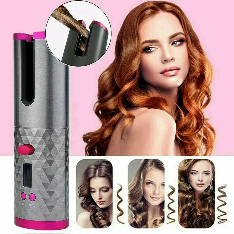 

Cordless Auto Rotating Ceramic Hair Curler USB Rechargeable Curling Iron LED Display Temperature Adjustable Curling Wave Grey