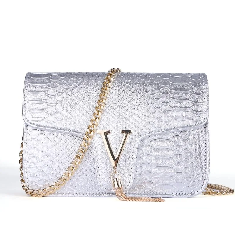 Модная женская сумка, новинка, Крокодиловая Кожа, женская сумка на цепочке, женская сумка-тоут, брендовые сумки-мессенджеры для женщин, Повседневная сумка через плечо - Цвет: silver