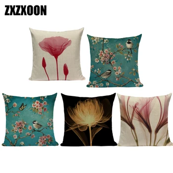 

Vintage Style Decorative Throw Pillows Case Retro Flowers Butterfly Birds Trees Cotton Linen Sofa Cushion Cover for Living Room