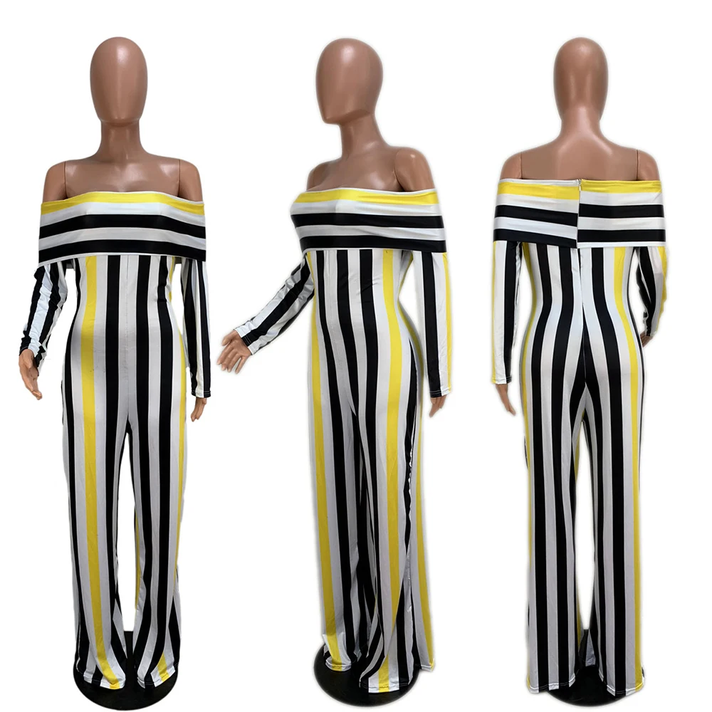 Women Striped Off Shoulder Butterfly Sleeve Slash Neck Straight Jumpsuit Party Night Clubwear Plus Size Bodycon Rompers Playsuit