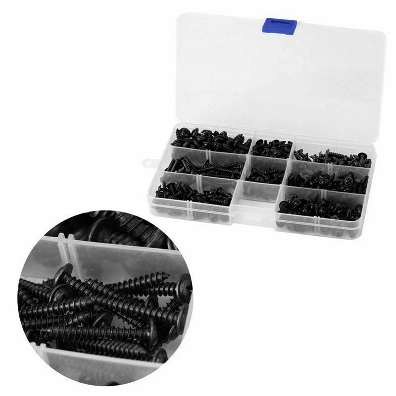 

340pcs Round Head Black Body Machine Screws Set 8 Sizes Carbon Steel Tapping Screws Bolts Kit Assortment Box Set