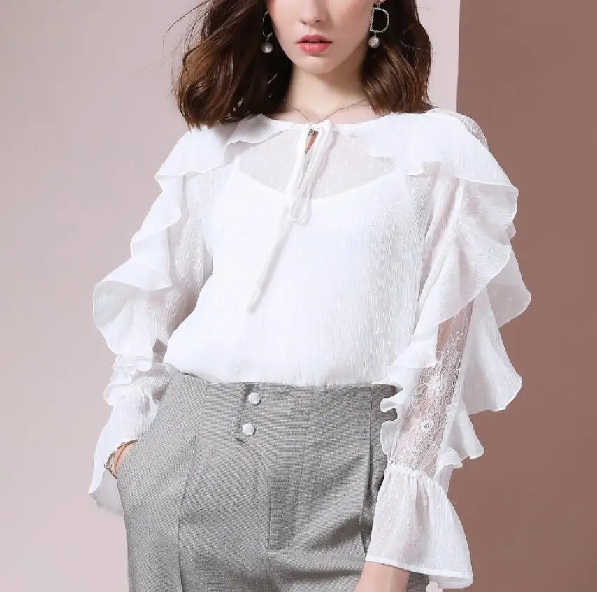 top white Женские летние блузки Осенняя Модная белая прозрачная блузка рубашка с длинными рукавами на шнуровке женский сетчатый шифоновый топ с оборками - Цвет: top white
