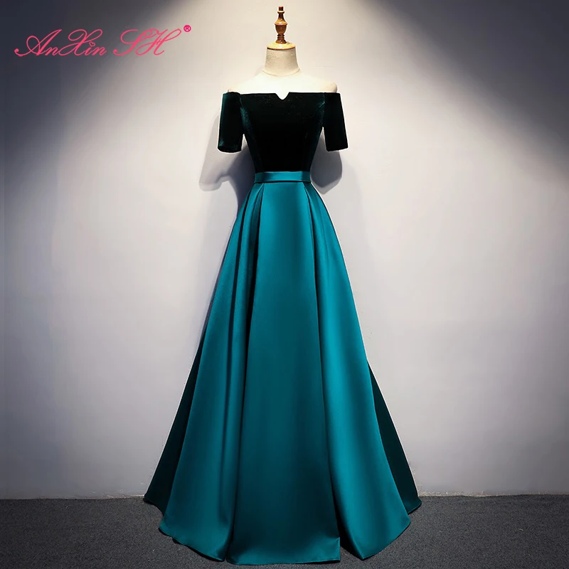 

AnXin SH vintage green princess boat neck red luxury satin long evening dress lace up blue turkey a line velvet evening dress