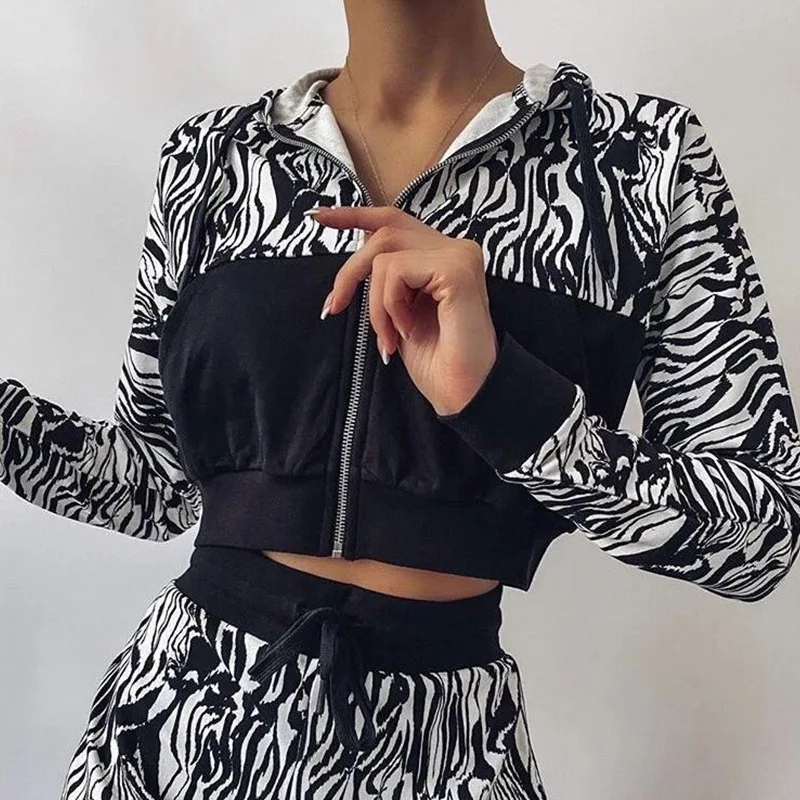 

Zebra Printed Patchwork Zipper Hoodies Women Set 2020 Autumn Winter New Long Sleeve Casual Hooded Sweatshirt And Elastic Shorts