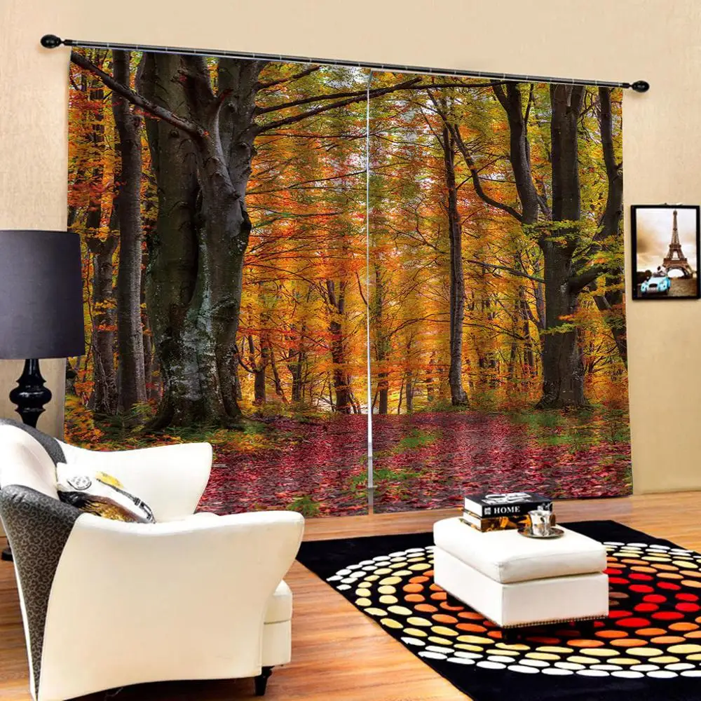 Brown Shinny Leaves LighT 3D Blockout Photo Printing Curtains Draps Fabric Windo 