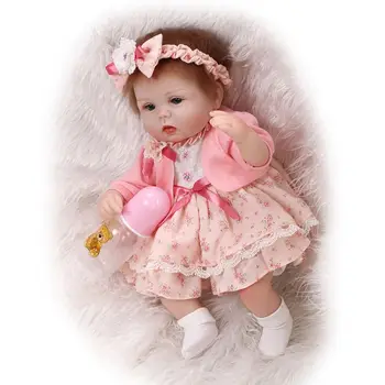 

16inch Silicon Lifelike Doll Blanket Floral Skirt Pink Knitting Coat Bow Headband Early Childhood Kids Baby Toy R9UE