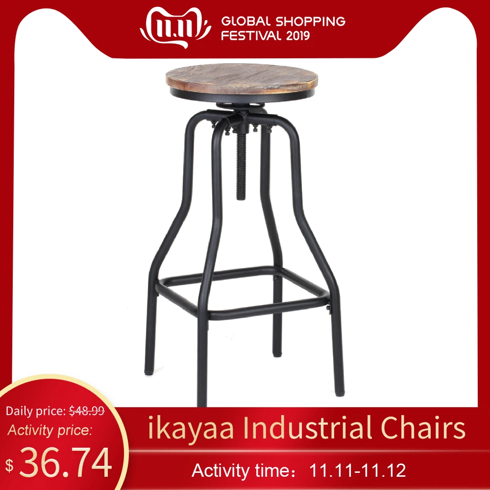 

ikayaa Industrial Style Chairs Height Adjustable Swivel Bar Stool Natural Pinewood Top Kitchen Dining Breakfast Chair Household