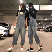 Женские модные повседневные джинсовые комбинезоны, женские новые стильные свободные прямые джинсы с плечевым ремнем, джинсовые штаны