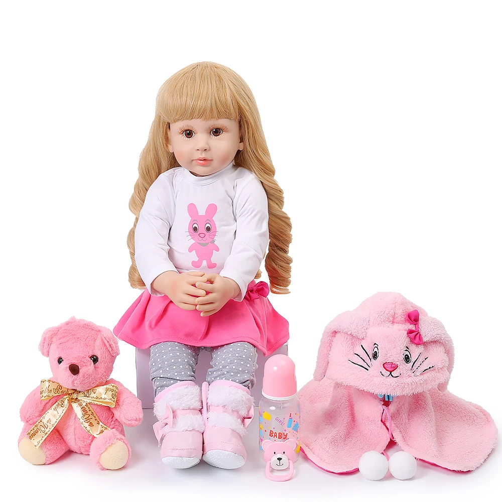 24 ''Reborn Baby Doll малыш Шаль Розовый Кролик моделирование симпатичная принцесса кукла с длинными волосами 60 см Bebe девочка кукла реборн ребенок Playmate