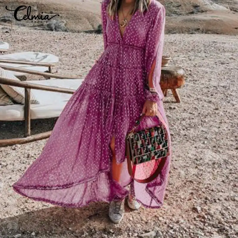

Women Chiffon Asymmetrical Dress Celmia 2019 Autumn Casual Lantern Sleeve Loose Sexy V-Neck Buttons Maxi Dress Vestidos Robe 5XL
