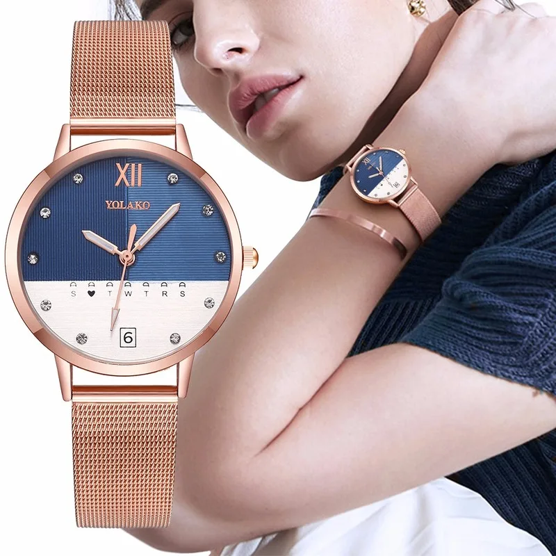 

Fashion Women's Watch Rose Gold Stainless Steel Mesh Belt Double Color Watch Luxury Ladies Quartz Clock Wristwatch