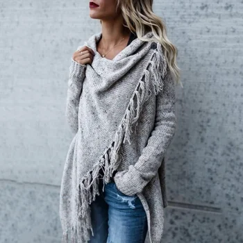 Vicabo Women Fashion Tassel Hem Sweater Cardigans Autumn Spring Knit Irregular Long Sleeve Solid Color Poncho and Capes new fashion autumn and winter women print tassel knit poncho cardigan female bat sleeve cloak sweater