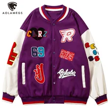 

Aolamegs Bomber Jacket Men Colorful Furry Letter Patches Embroidery Baseball Coat Winter Cozy Hip Hop Varsity Outwear Streetwear