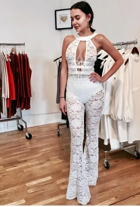 Сексуальный женский комбинезон на бретельках с открытой спиной, кружевной бандажный комбинезон полной длины