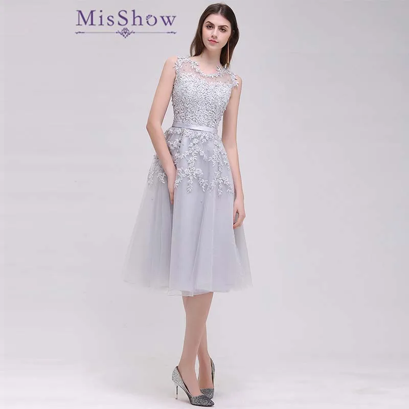 New Gray Short Bridesmaids Dresses Sky Blue Applique Beads Sheer Back