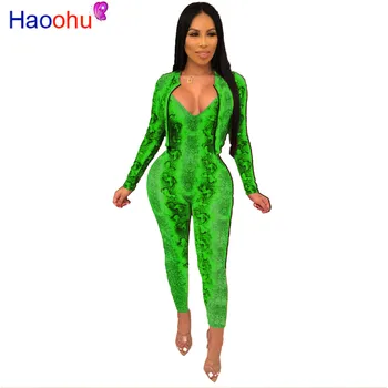 

Snake Print Sexy 2 Piece Set Club Outfits Women Deep V Neck Bodycon One Piece Jumpsuit + Long Sleeve Crop Coat Noen Matching Set