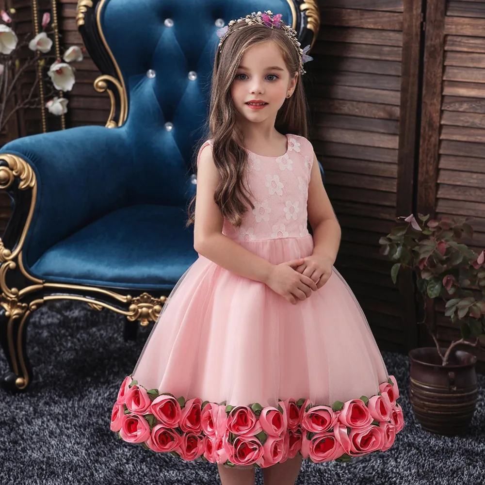 Hetiso элегантный цветок розы Подол платье принцессы для девочек вечерние Детские платья для девочек одежда Свадебное бальное платье 1-5 лет