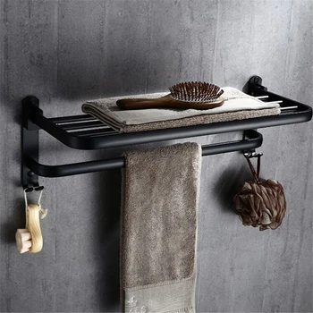 

Aluminum Bathroom Black Towel Rack Foldable Bath Towel Holders with Hooks and Towel Bar Bath Hardware Wall Mounted Free Shipping