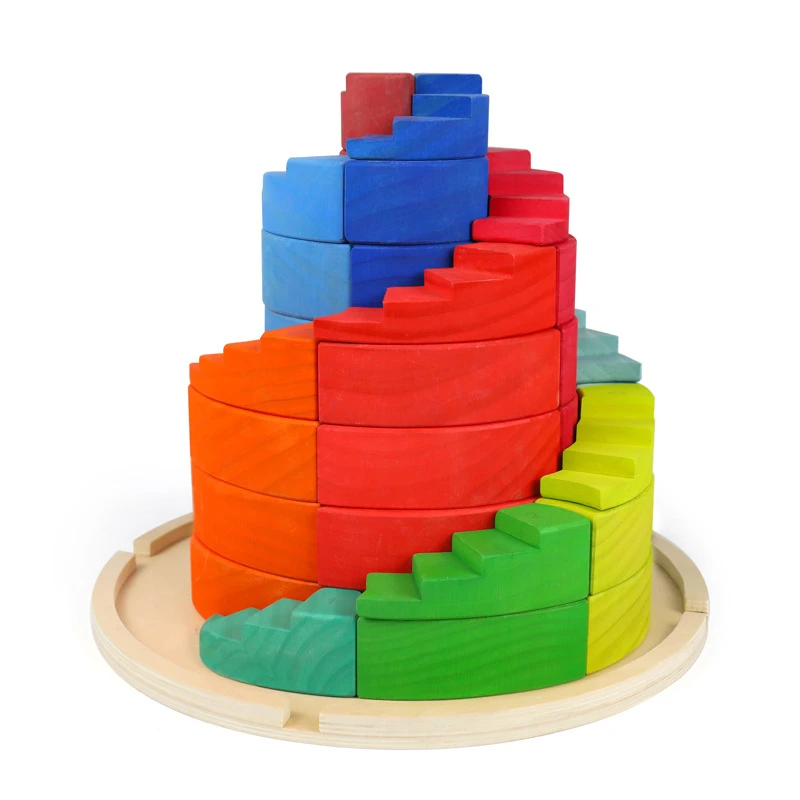 US $163.21 Large Rainbow Blocks Spin Stairs Nordic Wood Toys Kids Montessori Educational Toys Creative Wooden Jenga Interactive Game Blocks