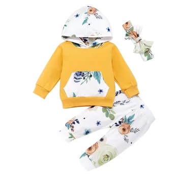 

3PCS Baby Clothes Set Hooded Print Newborn Girls Clothes Casual Cotton Long Sleeve Hooded Tops+Floral Pants Outfits 0-24 Months