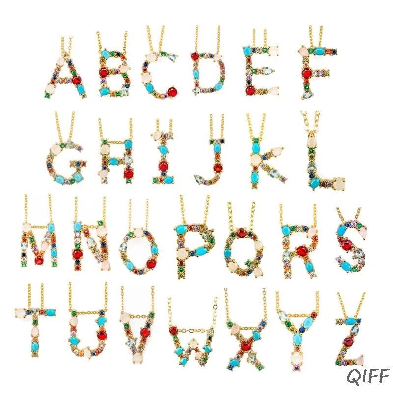 

Micro Pave Rainbow Cubic Zirconia 26 Alphabet Initials Letters Pendant Necklaces