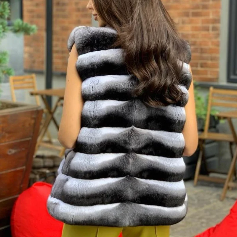FURSARCAR 2021 New Real Fur Gilet Natural Rex Rabbit Chinchilla Color Waistcoat Fur Soft Sleeveless Fluffy Warm Short Fur Vest