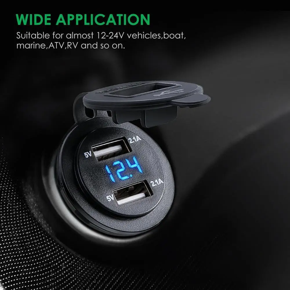 

Boat Motorcycle Car USB Charger Socket Voltmeter Cigarette Lighter Car Dual USB Charger Adapter Voltage 2.1A 24V