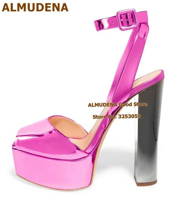 

ALMUDENA Fuchsia Patent Leather Chunky Heels Platform Buckle Strap Sandals Open Toe Women Wedding Shoes Nighclub Dress Pumps