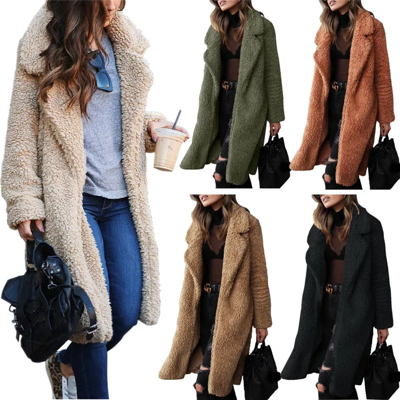 Female Women Long Jacket Coat Autumn Winter Casual Warm Thick Long Sleeve Outwear Coat Turn-Down Collar Overcoat Capes Plus Size