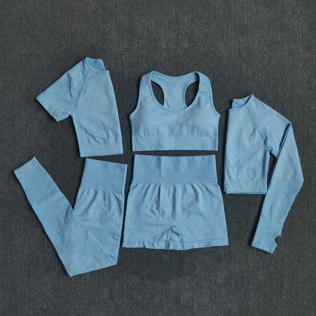 2/3/5PCS Seamless Women Yoga Set Workout Sportswear Gym Clothing Fitness Long Sleeve Crop Top High Waist Leggings Sports Suits 5PCSBlue
