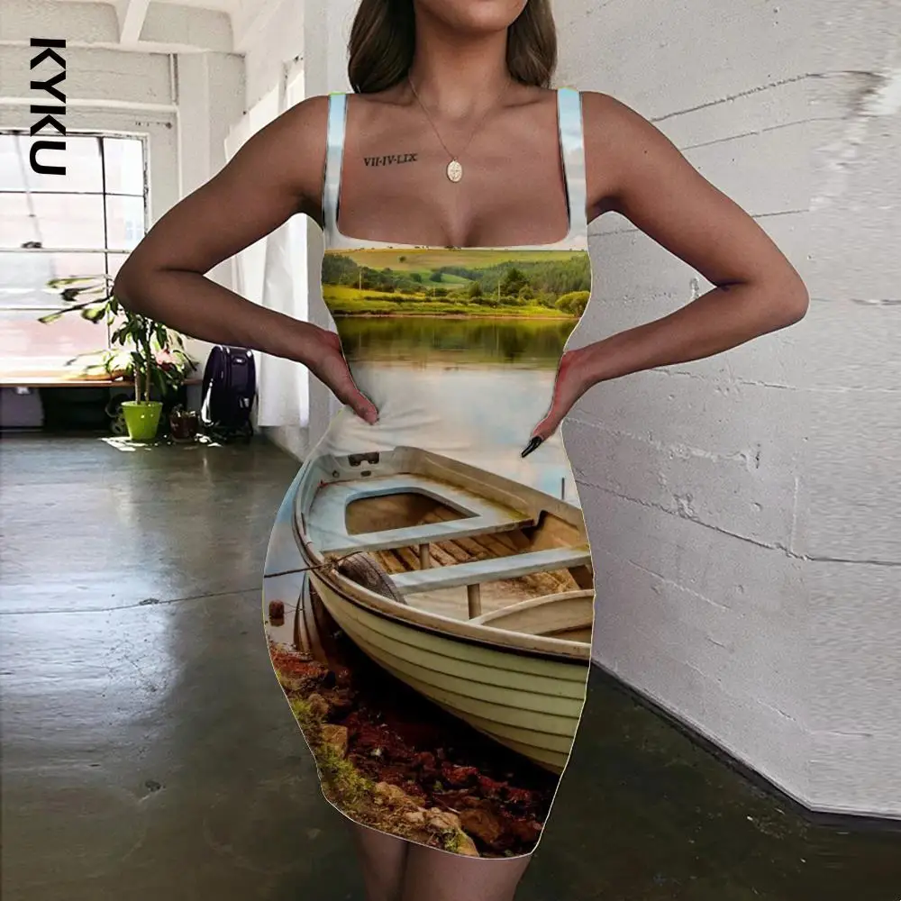 

KYKU Landscape Dresses Women Sail Sundress Street 3d Print Harajuku Halter Sleeveless Womens Clothing Mini Evening Vintage Beach