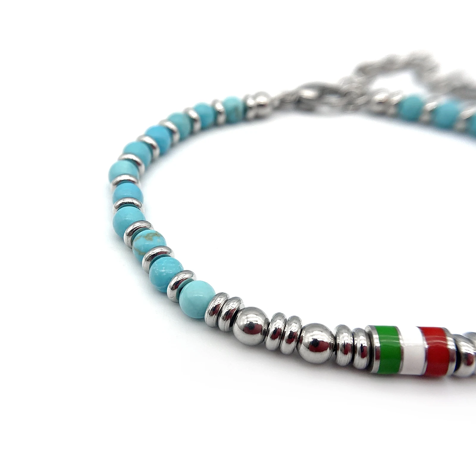 Runda Men’s Natural Stone Bracelet Turquoises Beads with Enamel Flag Stainless Steel Adjustable Size 22cm Handmade Bead Bracelet