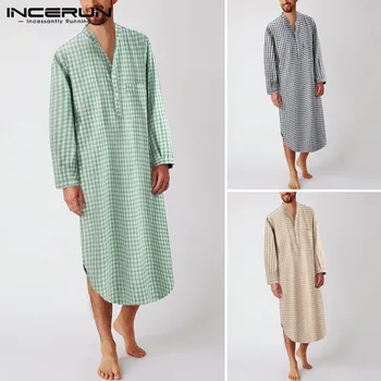 

Casual Bathrobes Men Lattice Breathable Nightgown Homewear Men Leisure Plaid Sleep Robes Long Sleeve Stand Collar S-5XL INCERUN