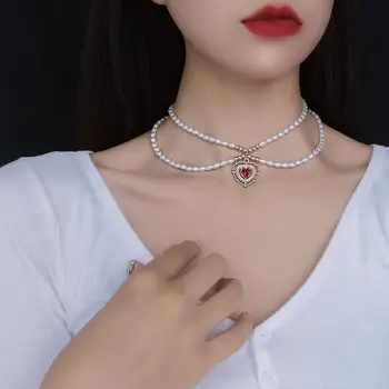 

HUANZHI 2020 New French Vintage Double Layers Imitation Pearls Red Heart Choker Short Chain Necklace for Women Party Jewellery