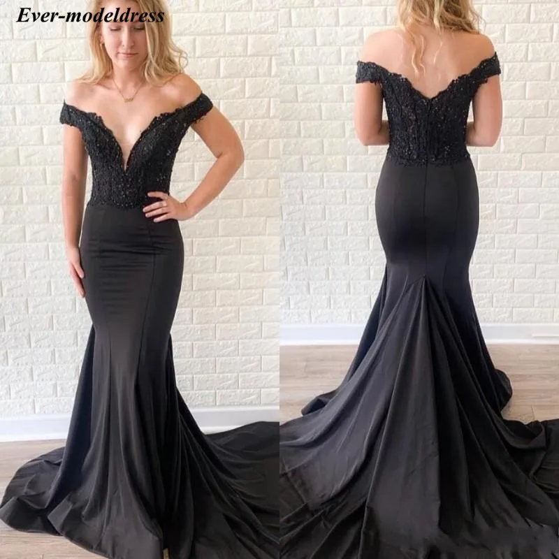 Vestidos de gala/черные платья с открытыми плечами для выпускного вечера в стиле русалки,, вечерние платья знаменитостей с аппликацией из бисера, с коротким шлейфом - Цвет: Same as picture