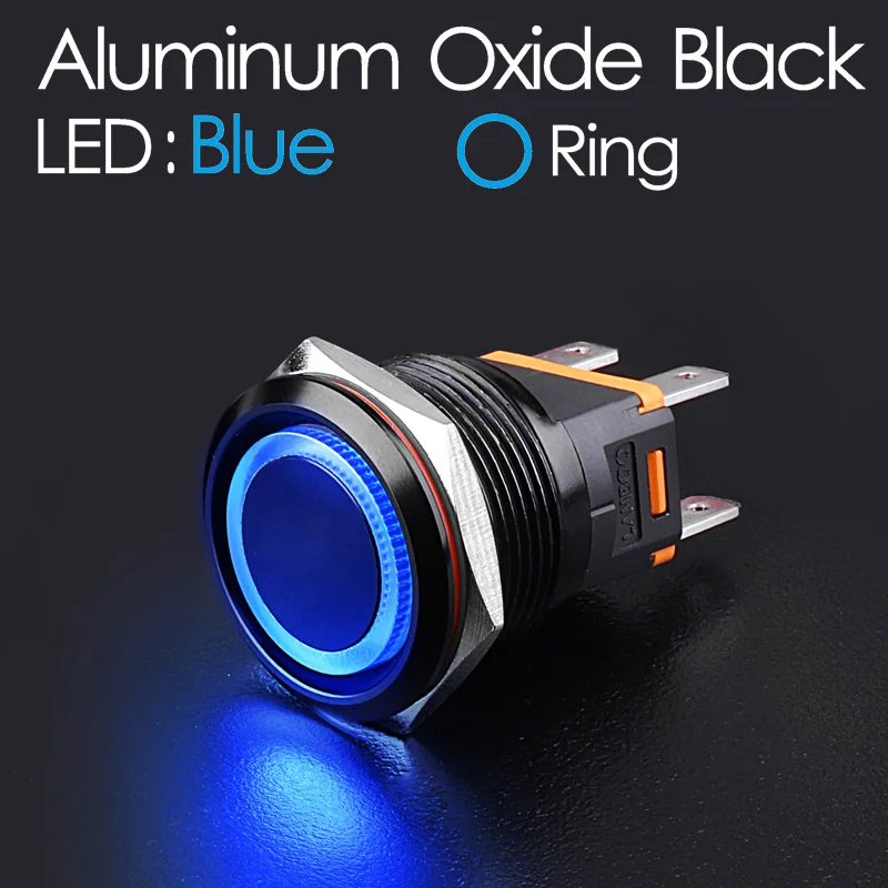 LANBOO 25 мм 15A высокая сила тока Водонепроницаемая фиксация мгновенный DIY анодного окисления черный кнопочный переключатель с люминесцентным светодиодный - Цвет: Blue LED Ring