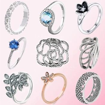 

100% 925 Sterling Silver Butterfly Shimmering Rose Sparkling Crown Ring Leaf Daisy Flower Heart Shaped Cutout Women's Ring