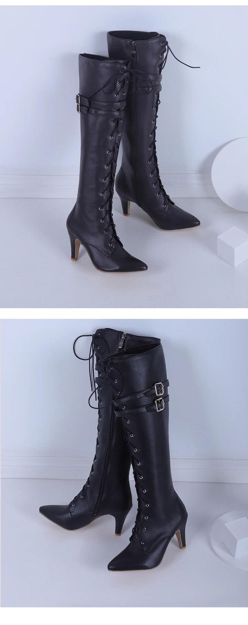 Oversized Pointed Toe Cross Lace-Up Boots Sexy Cat Heel Double Belt Buckle Motorcycle Boots Street Trend Female Knee-Length Boot