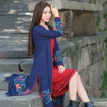 

KYQIAO women cardigan female autumn spring Mexico style long sleeve blue white red embroidery tassels cardigan outwear