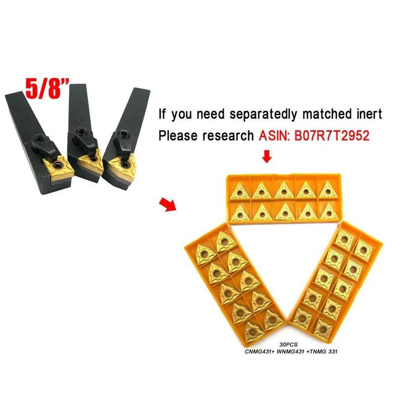 3PCS 5/8 inch Lathe Excircle Indexable Carbide Turning Tool Holder Set with 3Pcs Indexable Carbide Inserts