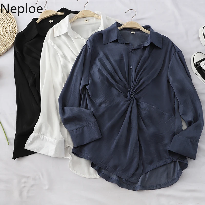 Neploe 2020 Autumn Spring New Turn Down Collar Long Sleeve Solid Blouse Women Simple Tie Bottom Shirt Tempermant Blusas 47053 |