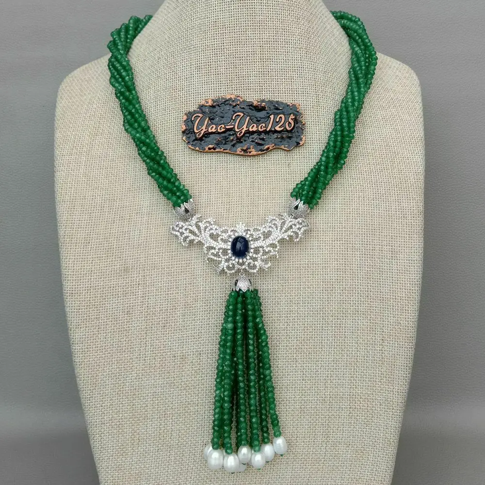 

20" 6 Strands Green Jade Necklace CZ White Pearl Pendant