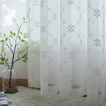 

Custom Modern Simple Solid Color Embroidered Window Screen Living Room Bedroom Bay Window White Cotton and Hemp Mesh Curtains
