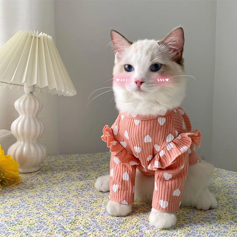 Ropa de primavera para gatos, suéter de algodón suave a la moda para gatitos, traje de manga de encaje con estampado de mascotas, ropa para perros y gatos|Ropa para gatos| -